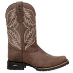 Bota Texana Masculina Bico Quadrado Couro Legítimo Crazy Horse Café Bordado Marfim