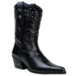Bota Country Feminina Cano Médio Bico Fino Couro Legítimo Soft Preto Com Strass