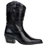Bota Country Feminina Cano Médio Bico Fino Couro Legítimo Soft Preto Com Strass
