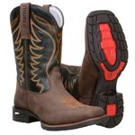 Bota Texana Masculina Bico Quadrado Couro Legítimo Crazy Horse Café / Fóssil Verde Bordado Raio