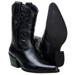 Bota Country Feminina Cano Médio Bico Fino Couro Legítimo Soft Preto Detalhes Em Bordado