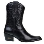 Bota Country Feminina Cano Médio Bico Fino Couro Legítimo Soft Preto Detalhes Em Bordado