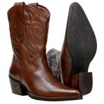 Bota Country Feminina Cano Médio Bico Fino Couro Legítimo Soft Pinhão Detalhes Em Bordado 