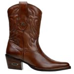 Bota Country Feminina Cano Médio Bico Fino Couro Legítimo Soft Pinhão Detalhes Em Bordado 