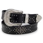 Cinto Feminino Em Couro Legitimo Látego Preto Fivela 100% Metal Desenho Cacto