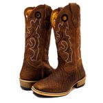 Bota Texana Masculina Couro Legítimo de Cabeça Original e Crazy Horse Sela Bordado Raio Salto Carrapeta