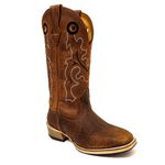 Bota Texana Masculina Couro Legítimo de Cabeça Original e Crazy Horse Sela Bordado Raio Salto Carrapeta