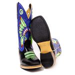 Bota Texana Masculina Couro Legítimo Látego Preto e Fly Azul Cocar Verde Solado Carrapeta