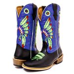 Bota Texana Masculina Couro Legítimo Látego Preto e Fly Azul Cocar Verde Solado Carrapeta