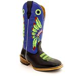Bota Texana Masculina Couro Legítimo Látego Preto e Fly Azul Cocar Verde Solado Carrapeta