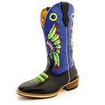 Bota Texana Masculina Couro Legítimo Látego Preto e Fly Azul Cocar Verde Solado Carrapeta