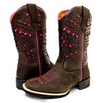  Bota Texana Feminina Bico Quadrado Laser Espelhado Couro Mustang Café e Floater Chocolate