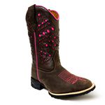  Bota Texana Feminina Bico Quadrado Laser Espelhado Couro Mustang Café e Floater Chocolate