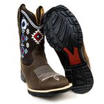 Bota Texana Feminina Bico Quadrado Couro Refulonado Café Bordado Geométrico Azul