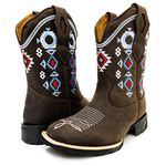 Bota Texana Feminina Bico Quadrado Couro Refulonado Café Bordado Geométrico Azul