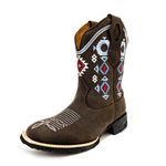 Bota Texana Feminina Bico Quadrado Couro Refulonado Café Bordado Geométrico Azul