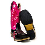 Bota Texana Couro Legítimo Látego Preto e Rosa Fly Bordado Cocar e Rozeta Salto Carrapeta