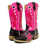 Bota Texana Couro Legítimo Látego Preto e Rosa Fly Bordado Cocar e Rozeta Salto Carrapeta