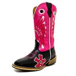 Bota Texana Couro Legítimo Látego Preto e Rosa Fly Bordado Cocar e Rozeta Salto Carrapeta