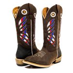 Bota Texana Masculina Couro Legítimo Mustang Preto e Café Bordado Itália Solado Carrapeta