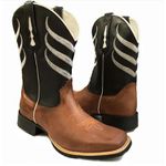 Bota Texana Masculina Cano Padrão Couro Legítimo Mustang Preto e Crazy Horse Sela Bordado Linha Solado Borracha