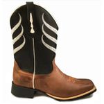 Bota Texana Masculina Cano Padrão Couro Legítimo Mustang Preto e Crazy Horse Sela Bordado Linha Solado Borracha