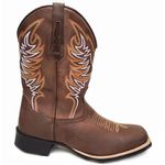 Bota Texana Masculina Cano Padrão Couro Legítimo Mustang Café Bordado Asa Solado Borracha