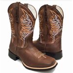 Bota Texana Masculina Cano Padrão Couro Legítimo Mustang Café Bordado Asa Solado Borracha