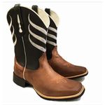 Bota Texana Masculina Cano Padrão Couro Legítimo Mustang Preto e Crazy Horse Sela Bordado Linha Solado Borracha