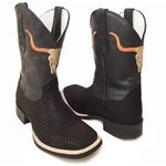 Bota Texana Masculina Cano Padrão Couro Legítimo Crazy Horse Preto e Tilápia Preto Bordado Boi Solado Borracha 