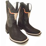 Bota Texana Masculina Cano Padrão Couro Legítimo Crazy Horse Preto e Tilápia Preto Bordado Boi Solado Borracha 