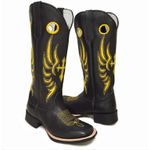 Bota Texana Masculina Couro Legítimo Látego Preto Bordado Cruz Amarelo Solado Borracha