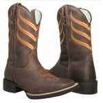 Bota Texana Masculina Cano Padrão Couro Legítimo Mustang Café Bordado Laranja Solado Borracha