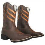 Bota Texana Masculina Cano Padrão Couro Legítimo Mustang Café Bordado Laranja Solado Borracha