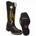 Bota Texana Masculina Couro Legítimo Látego Preto Bordado Cruz Amarelo Solado Borracha