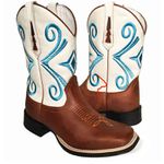 Bota Texana Masculina Cano Padrão Couro Legítimo Látego Pinhão e Floater Branco Bordado Real Solado Borracha 