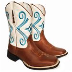 Bota Texana Masculina Cano Padrão Couro Legítimo Látego Pinhão e Floater Branco Bordado Real Solado Borracha 