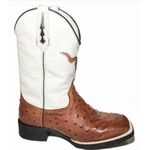 Bota Texana Masculina Cano Padrão Couro Legítimo Avestruz Whisk e Floater Branco Bordado Boi Solado Borracha
