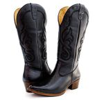 Bota Texana Feminina Country Couro Legítimo Bovino Jacaré Envelhecido Preto e Floater Preto Bordado Linha