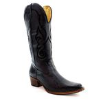 Bota Texana Feminina Country Couro Legítimo Bovino Jacaré Envelhecido Preto e Floater Preto Bordado Linha
