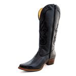 Bota Texana Feminina Country Couro Legítimo Bovino Jacaré Envelhecido Preto e Floater Preto Bordado Linha