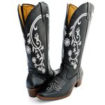 Bota Texana Feminina Country Couro Legítimo Bovino Floater Preto Bordado Floral