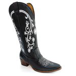 Bota Texana Feminina Country Couro Legítimo Bovino Floater Preto Bordado Floral