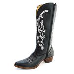 Bota Texana Feminina Country Couro Legítimo Bovino Floater Preto Bordado Floral