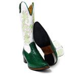 Bota Texana Feminina Country Couro Legítimo Bovino Jacaré Piton Verde e Floater Branco Bordado Real