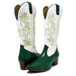 Bota Texana Feminina Country Couro Legítimo Bovino Jacaré Piton Verde e Floater Branco Bordado Real