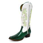 Bota Texana Feminina Country Couro Legítimo Bovino Jacaré Piton Verde e Floater Branco Bordado Real