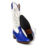 Bota Texana Feminina Country Couro Legítimo Bovino Jacaré Azul Celest e Floater Branco Bordado Real