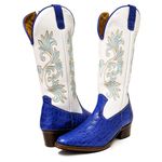 Bota Texana Feminina Country Couro Legítimo Bovino Jacaré Azul Celest e Floater Branco Bordado Real
