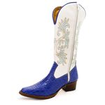 Bota Texana Feminina Country Couro Legítimo Bovino Jacaré Azul Celest e Floater Branco Bordado Real